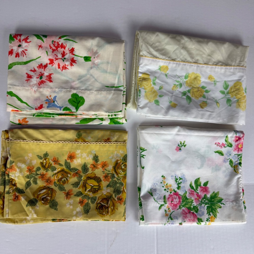 Vintage Floral Pillowcase Lot 4 Cannon Bibb Standard Yellow Pink Roses USA Made